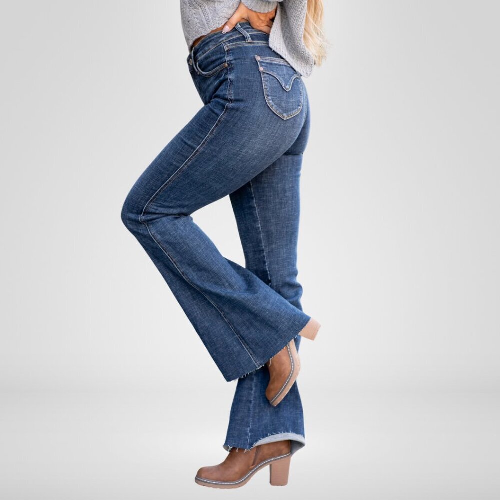 Judy Blue High Rise Tummy Control Top Flare Raw Hem Jeans Size 1/25